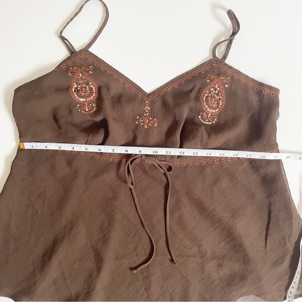 Vintage Y2K Brown Embroidered Beaded Spaghetti Strap Tank Top Cami - Picture 6 of 7